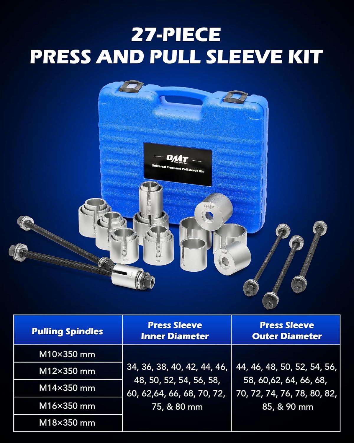 imageOrion Motor Tech Bushing Press Kit 27pc Pull and Press Sleeve Kit for Most LCV HGV Engine Cars Vehicles Universal Seal Bearing Bushing Removal Installation Tool Kit 5 Pulling Spindles with Nuts Case
