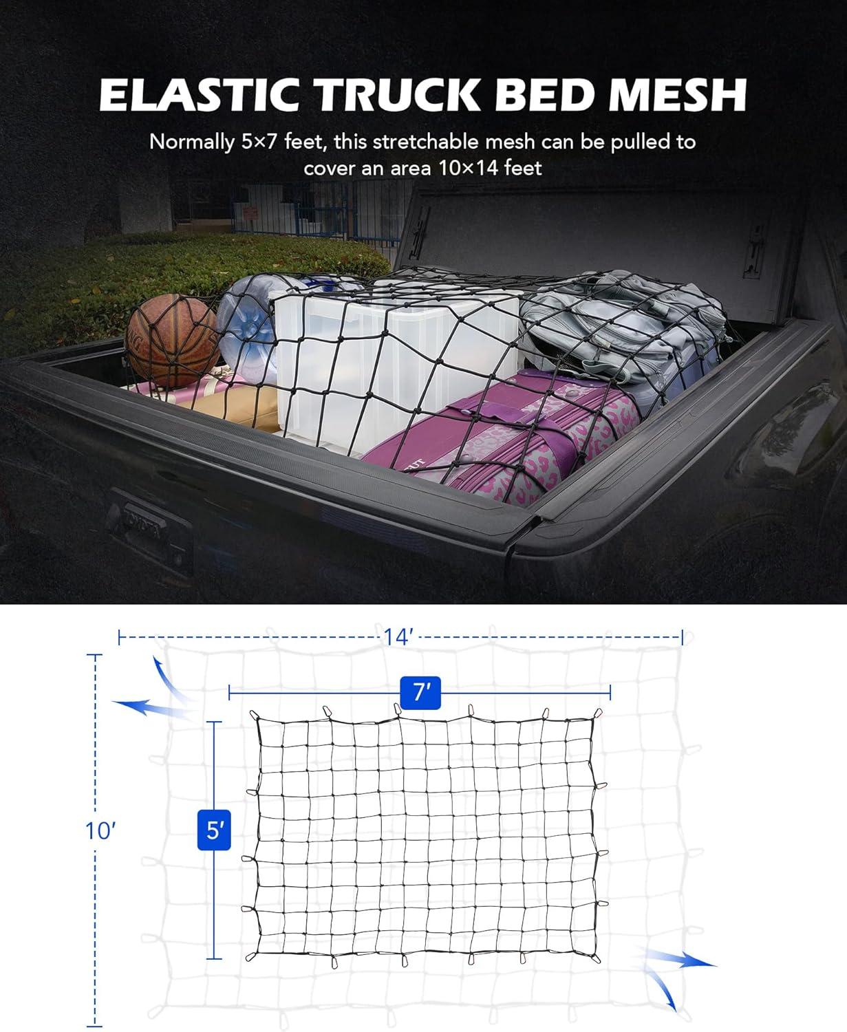 imageOrion Motor Tech Cargo Net for Trailer 5x7 Truck Cargo Net Utility Trailer Net 10x14 Max Stretch Size Truck Bed Net with 18 Carabiners Storage Bag 5 x 7 ft BlackBlack