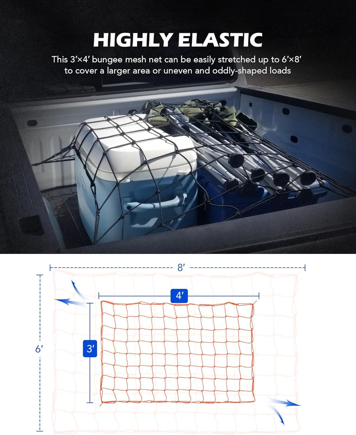 imageOrion Motor Tech Cargo Net for Trailer 5x7 Truck Cargo Net Utility Trailer Net 10x14 Max Stretch Size Truck Bed Net with 18 Carabiners Storage Bag 5 x 7 ft BlackOrange