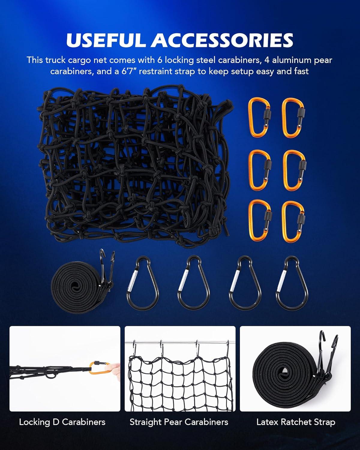 imageOrion Motor Tech Cargo Net for Trailer 5x7 Truck Cargo Net Utility Trailer Net 10x14 Max Stretch Size Truck Bed Net with 18 Carabiners Storage Bag 5 x 7 ft BlackBlack