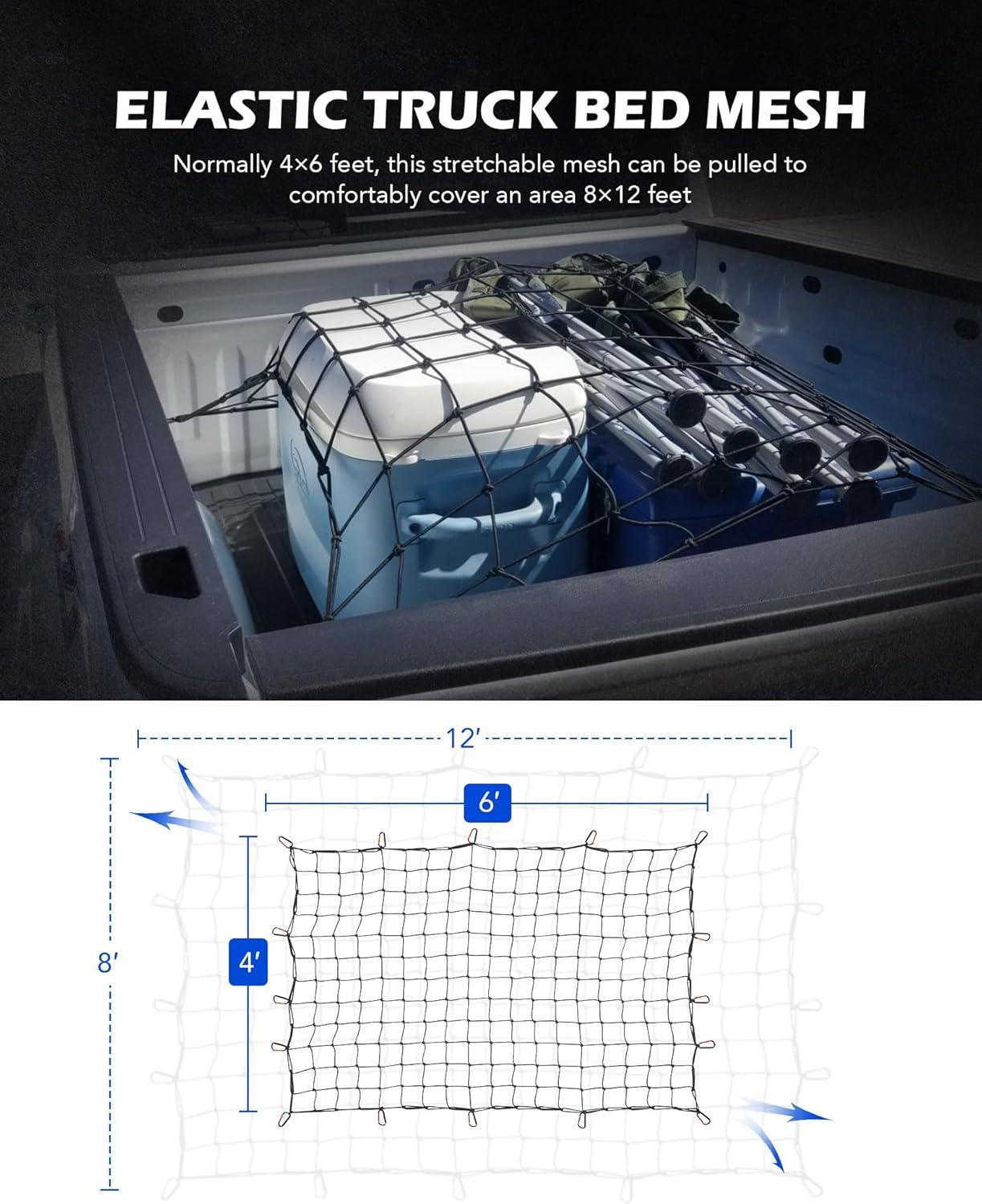 imageOrion Motor Tech Cargo Net for Trailer 5x7 Truck Cargo Net Utility Trailer Net 10x14 Max Stretch Size Truck Bed Net with 18 Carabiners Storage Bag 5 x 7 ft BlackBlack