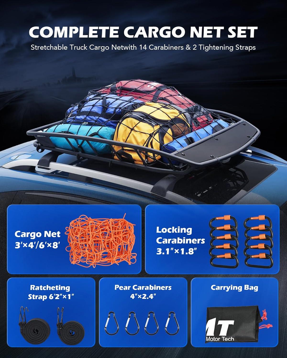 imageOrion Motor Tech Cargo Net for Trailer 5x7 Truck Cargo Net Utility Trailer Net 10x14 Max Stretch Size Truck Bed Net with 18 Carabiners Storage Bag 5 x 7 ft BlackOrange
