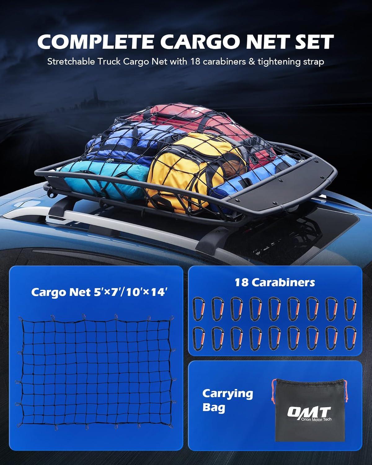 imageOrion Motor Tech Cargo Net for Trailer 5x7 Truck Cargo Net Utility Trailer Net 10x14 Max Stretch Size Truck Bed Net with 18 Carabiners Storage Bag 5 x 7 ft BlackBlack