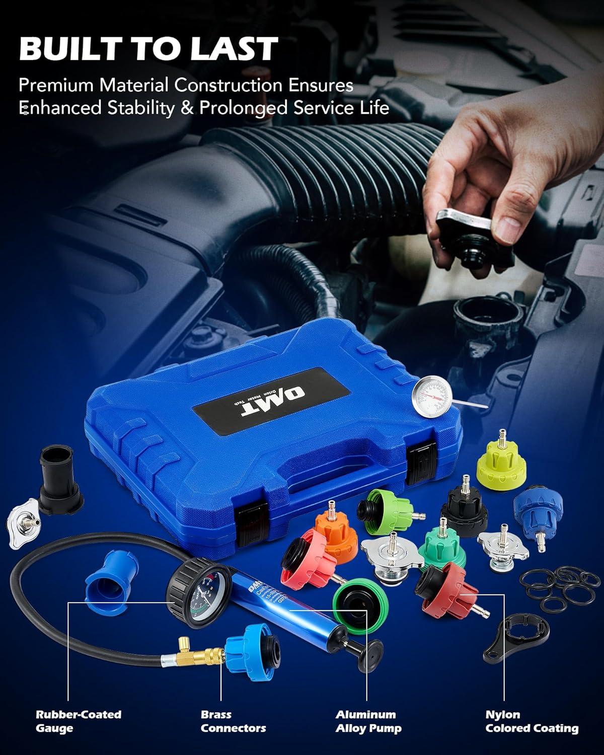 imageOrion Motor Tech Coolant Pressure Tester Kit 19pc Radiator Pressure Tester Kit with 15 Radiator Adapters ampamp Wrench Cooling System Pressure Tester Kit with Vacuum Pump ampamp Probe ThermometerBlue