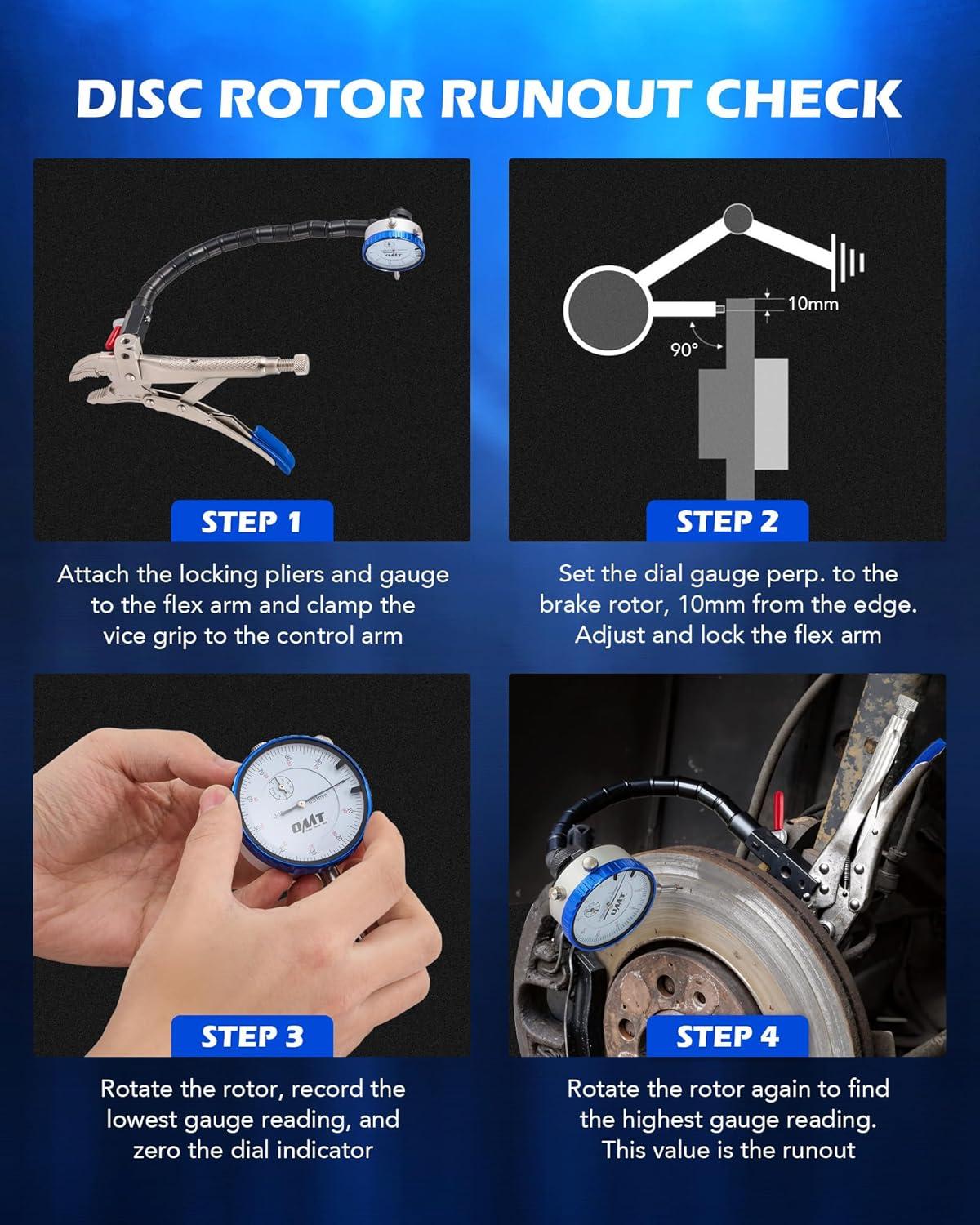 imageOrion Motor Tech Dial Gauge Brake Runout Gauge and Ball Joint Gauge Clamping Dial Indicator with 7 in Locking Pliers ampamp 360 Flexible Stem Holder 001 mm Precision Automotive Dial Indicator