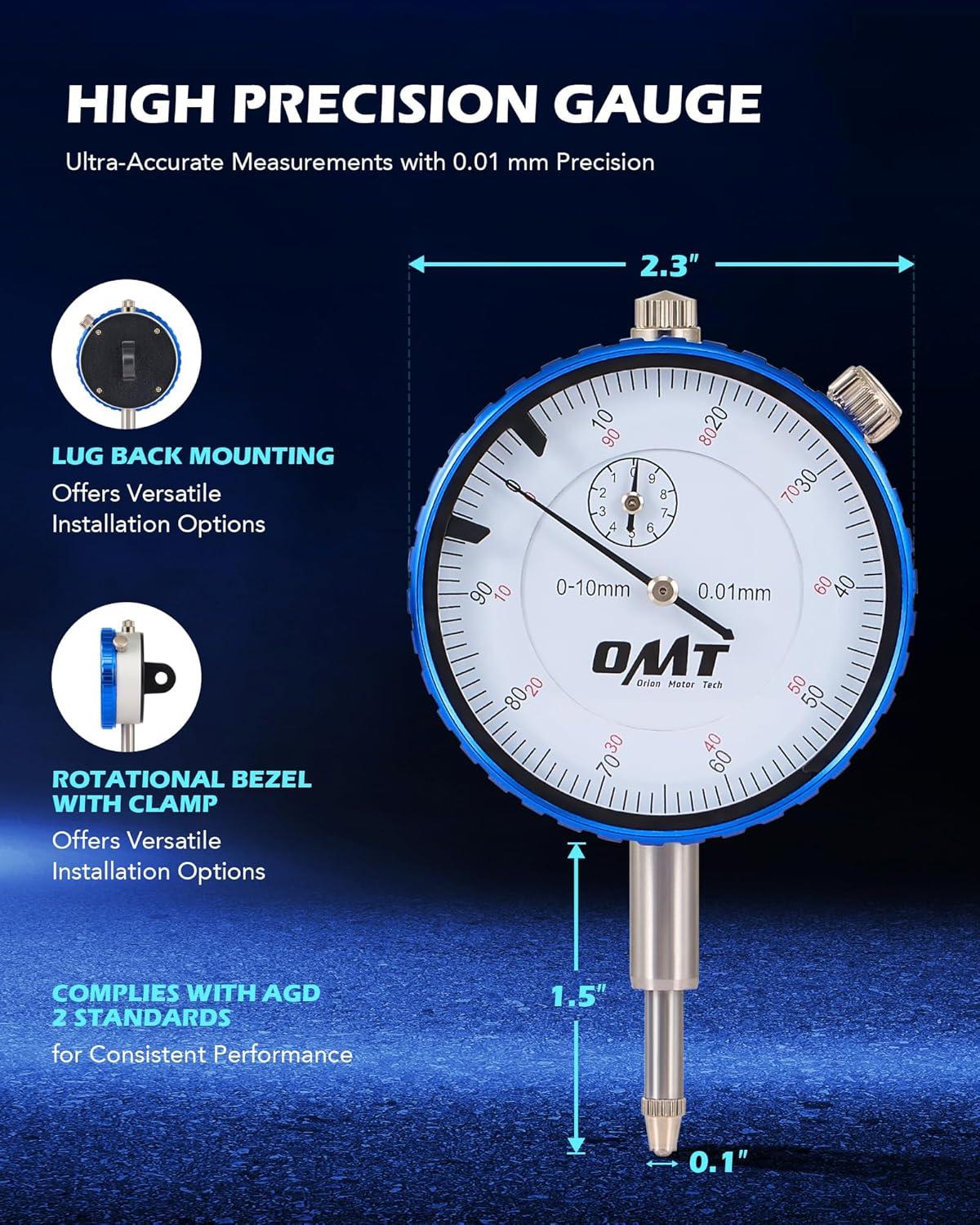 imageOrion Motor Tech Dial Gauge Brake Runout Gauge and Ball Joint Gauge Clamping Dial Indicator with 7 in Locking Pliers ampamp 360 Flexible Stem Holder 001 mm Precision Automotive Dial Indicator