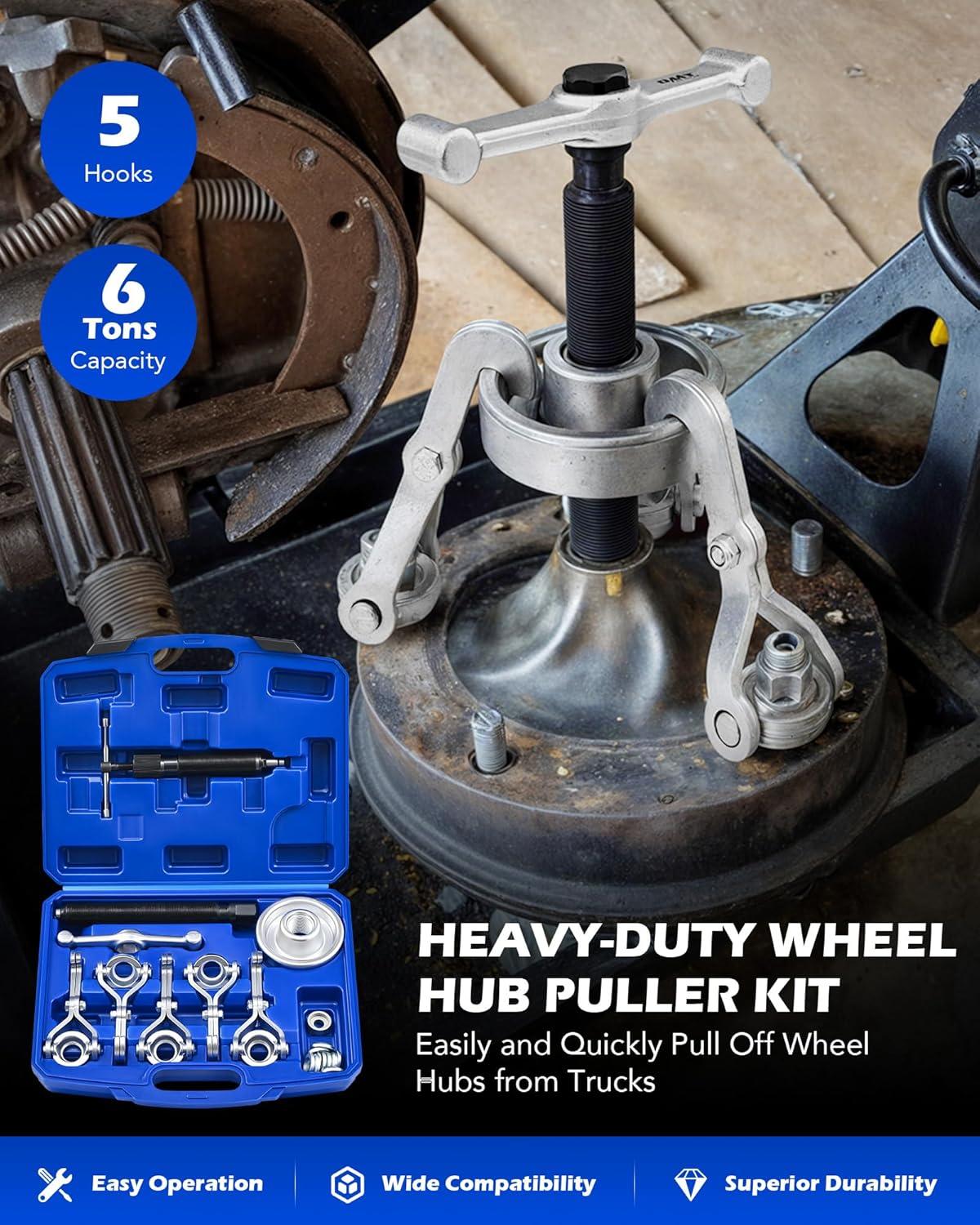 imageOrion Motor Tech Heavy Duty Hub Puller Kit Wheel Hub Removal Tool with Adjustable Hooks Large Brake Drum Puller with Hydraulic Ram Mechanical Hub Puller Tool Set for Cars Trucks Large Vehicles