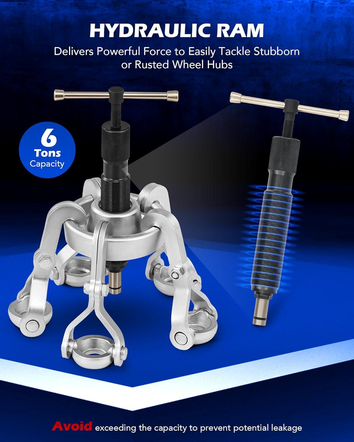 imageOrion Motor Tech Heavy Duty Hub Puller Kit Wheel Hub Removal Tool with Adjustable Hooks Large Brake Drum Puller with Hydraulic Ram Mechanical Hub Puller Tool Set for Cars Trucks Large Vehicles