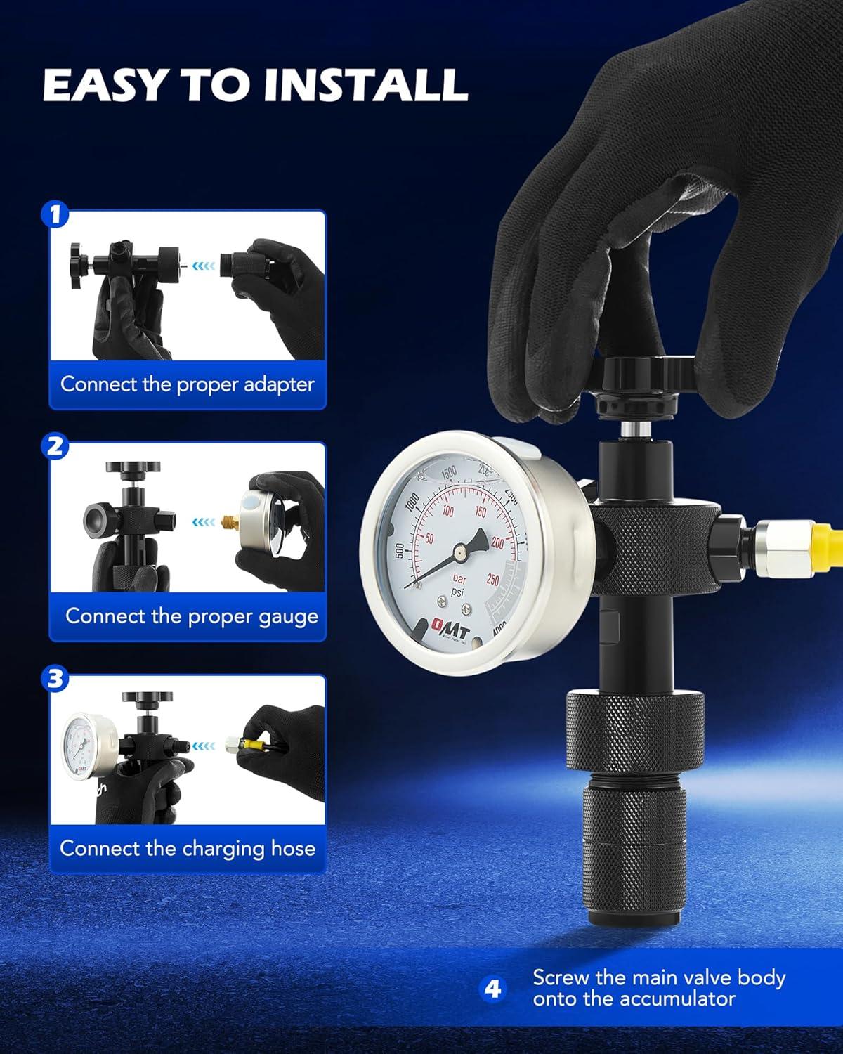 imageOrion Motor Tech Hydraulic Nitrogen Accumulator Charging Kit Nitrogen Fill Kit with 3 Gauges 1300 3500 5500 psi 6 Adapters Gas Hose ampamp Main Valve Body hydraulic pressure test kit Gas Charging Tool