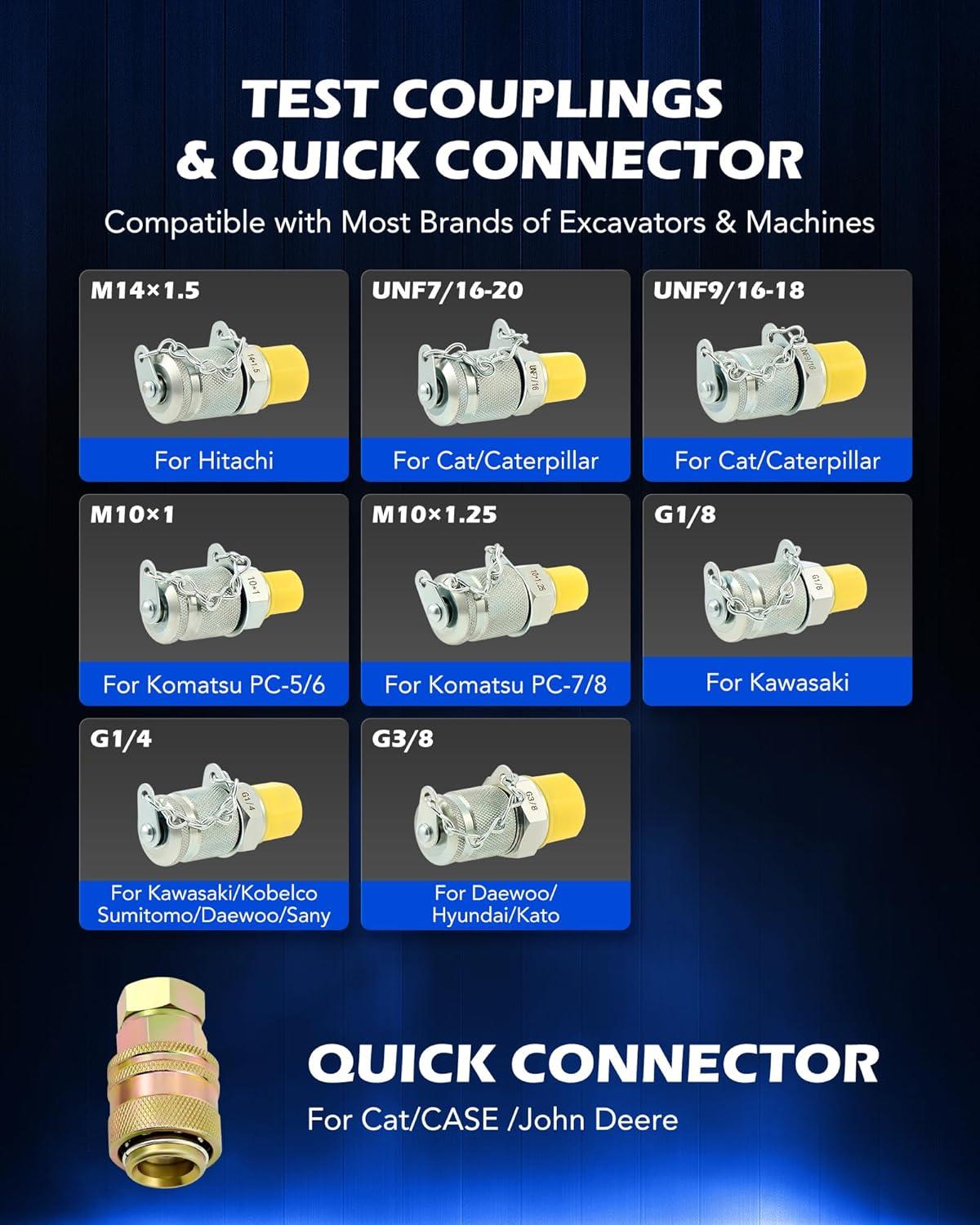 imageOrion Motor Tech Hydraulic Pressure Test Kit with 3 Gauges 3500 5500 9000 psi 8 Test Couplings Quick Connector ampamp 3 Test Hoses Hydraulic Gauge Kit for Excavator Construction Machinery