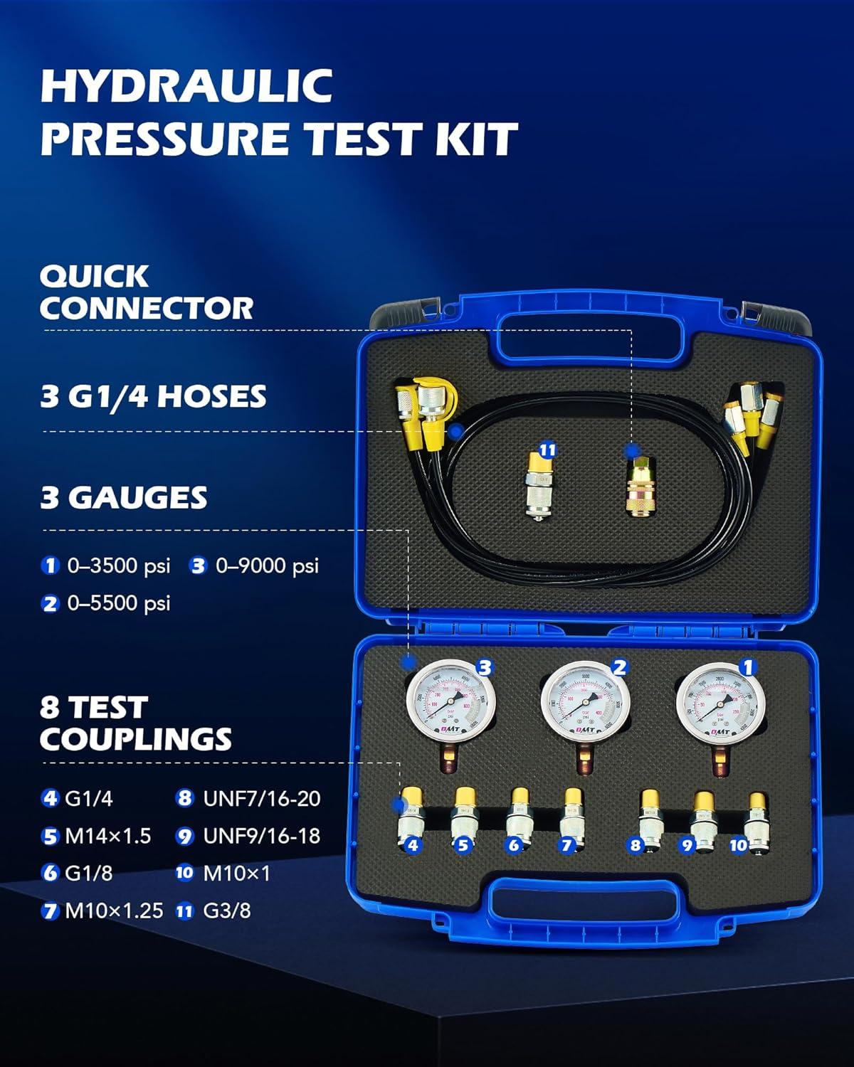 imageOrion Motor Tech Hydraulic Pressure Test Kit with 3 Gauges 3500 5500 9000 psi 8 Test Couplings Quick Connector ampamp 3 Test Hoses Hydraulic Gauge Kit for Excavator Construction Machinery