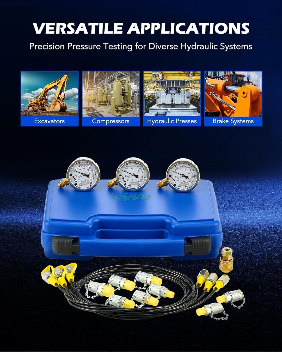 imageOrion Motor Tech Hydraulic Pressure Test Kit with 3 Gauges 3500 5500 9000 psi 8 Test Couplings Quick Connector ampamp 3 Test Hoses Hydraulic Gauge Kit for Excavator Construction Machinery