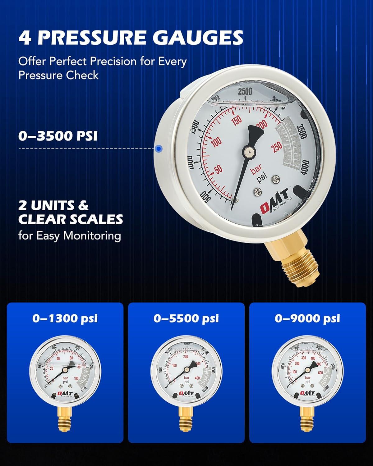 imageOrion Motor Tech Hydraulic Pressure Test Kit with 4 Gauges 1300 3500 5500 9000 psi 9 Test Couplings Quick Connector ampamp 3 Test Hoses Hydraulic Gauge Kit for Excavator Construction Machinery