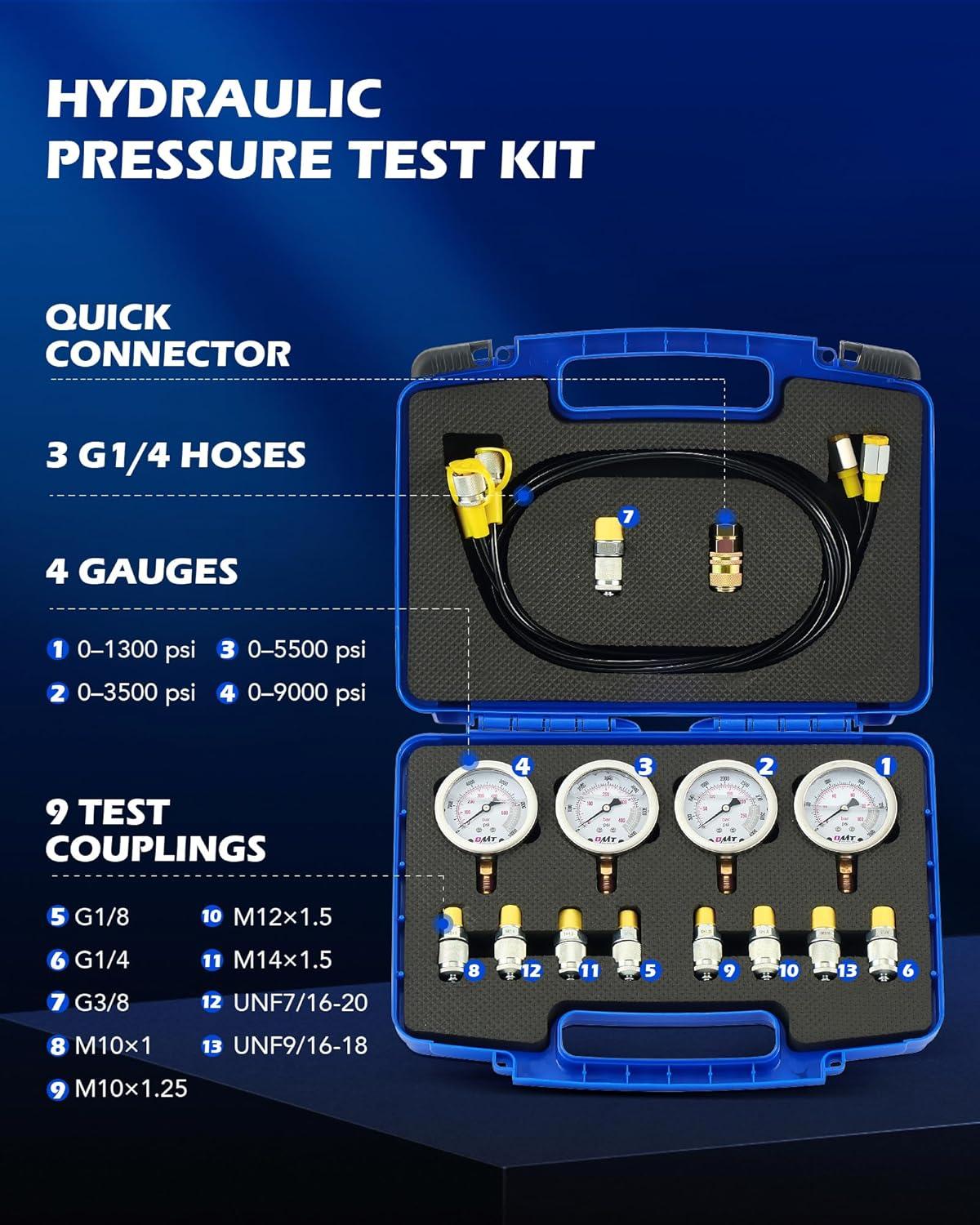 imageOrion Motor Tech Hydraulic Pressure Test Kit with 4 Gauges 1300 3500 5500 9000 psi 9 Test Couplings Quick Connector ampamp 3 Test Hoses Hydraulic Gauge Kit for Excavator Construction Machinery