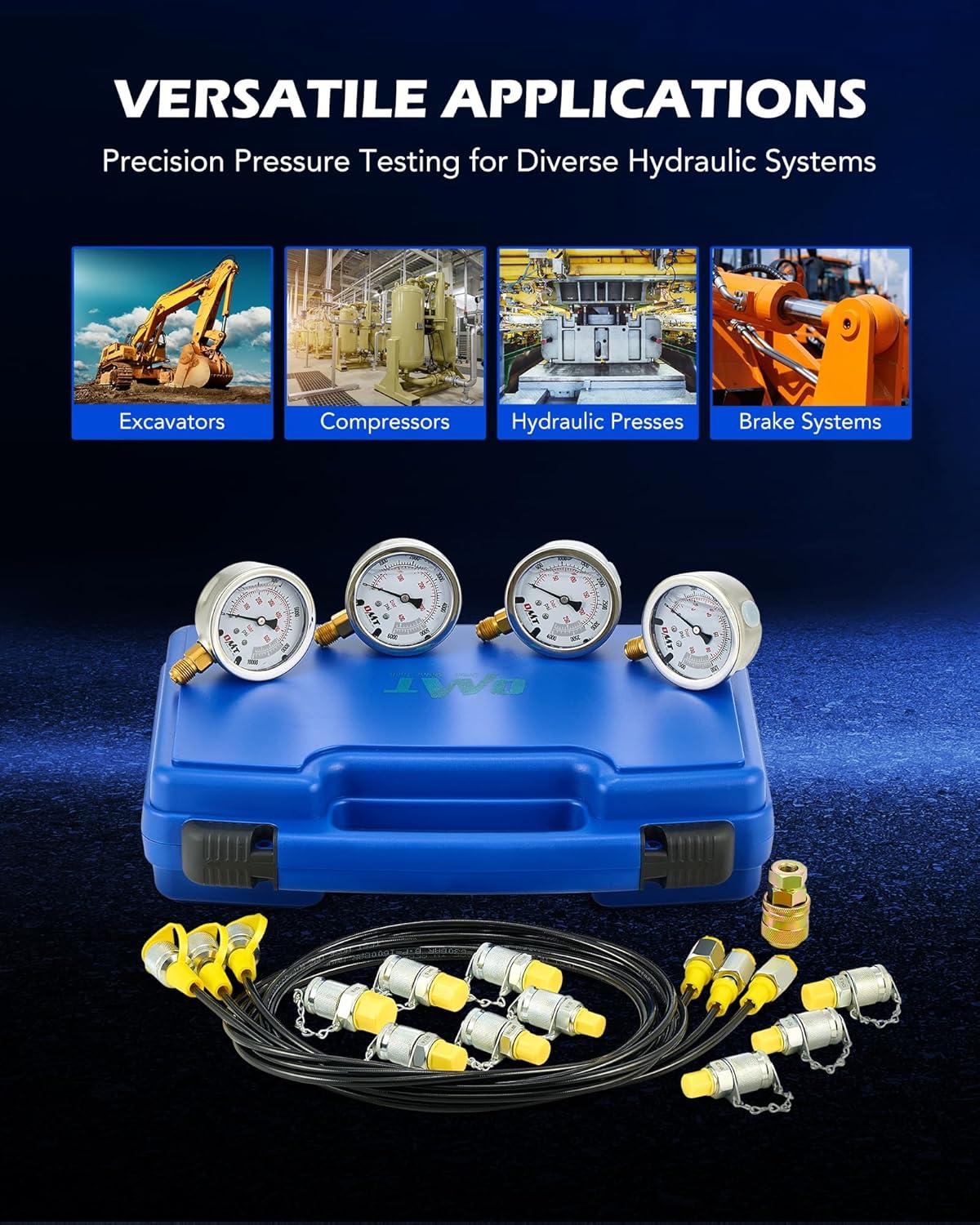 imageOrion Motor Tech Hydraulic Pressure Test Kit with 4 Gauges 1300 3500 5500 9000 psi 9 Test Couplings Quick Connector ampamp 3 Test Hoses Hydraulic Gauge Kit for Excavator Construction Machinery