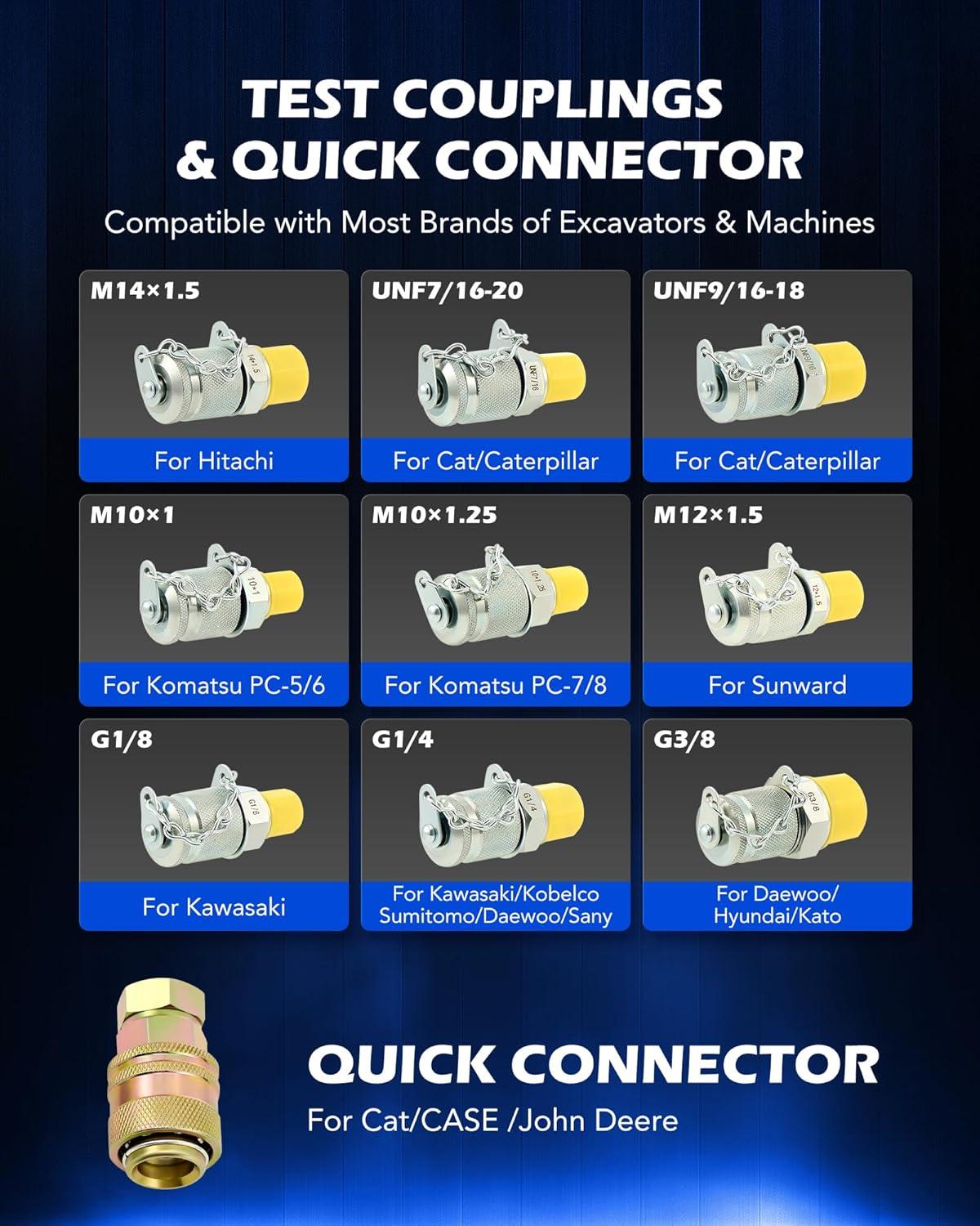 imageOrion Motor Tech Hydraulic Pressure Test Kit with 4 Gauges 1300 3500 5500 9000 psi 9 Test Couplings Quick Connector ampamp 3 Test Hoses Hydraulic Gauge Kit for Excavator Construction Machinery