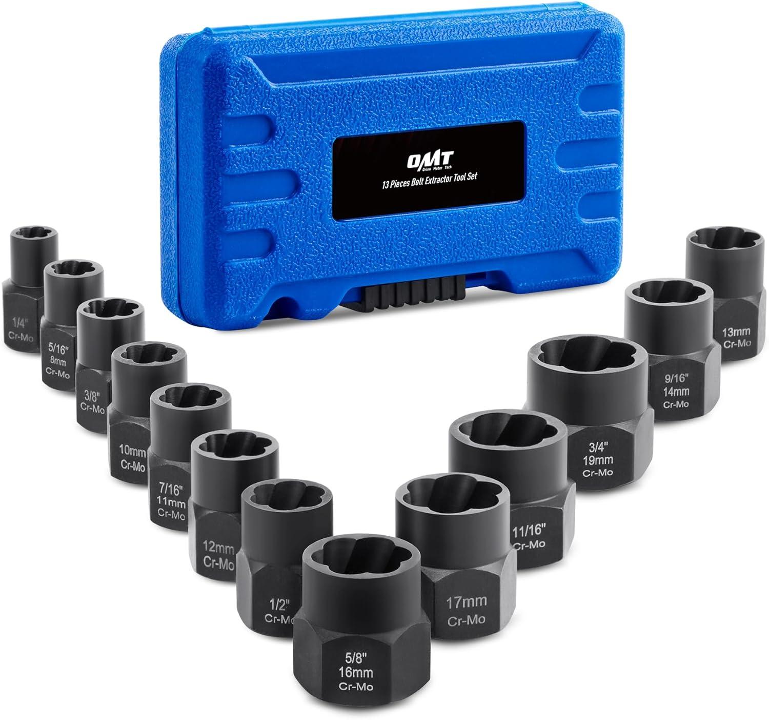 imageOrion Motor Tech Impact Nut and Bolt Extraction Tool Set Rusted Damaged Stripped Nut and Bolt Remover Tool Kit Nut Bolt Extractor Socket Set in 13 SAE and Metric Sizes for 38 Inch Drive with Case