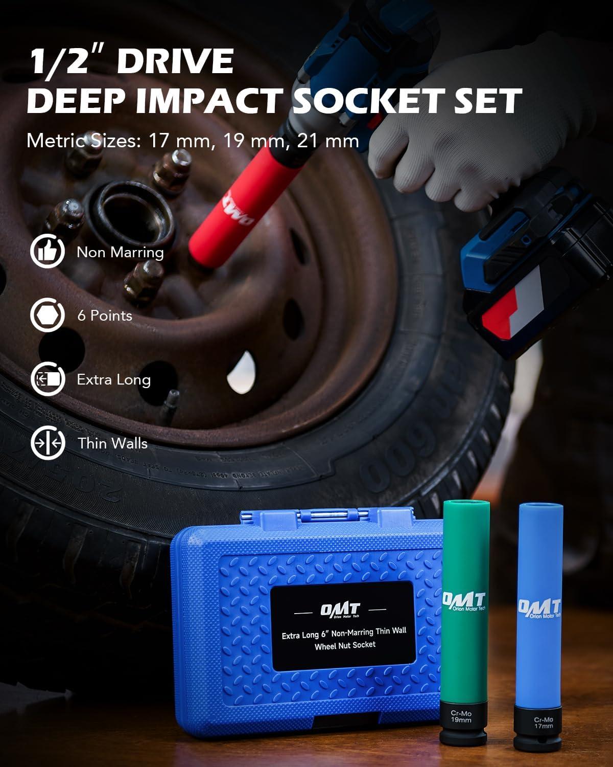 imageOrion Motor Tech Lug Nut Socket Set 3pc 12quot Drive Extra Long Impact Sockets with 17mm 19mm 21mm Metric Sockets 6quot Thin Wall Wheel Lug Nut Deep Sockets with Colored Protective Covers ampamp Carry Case