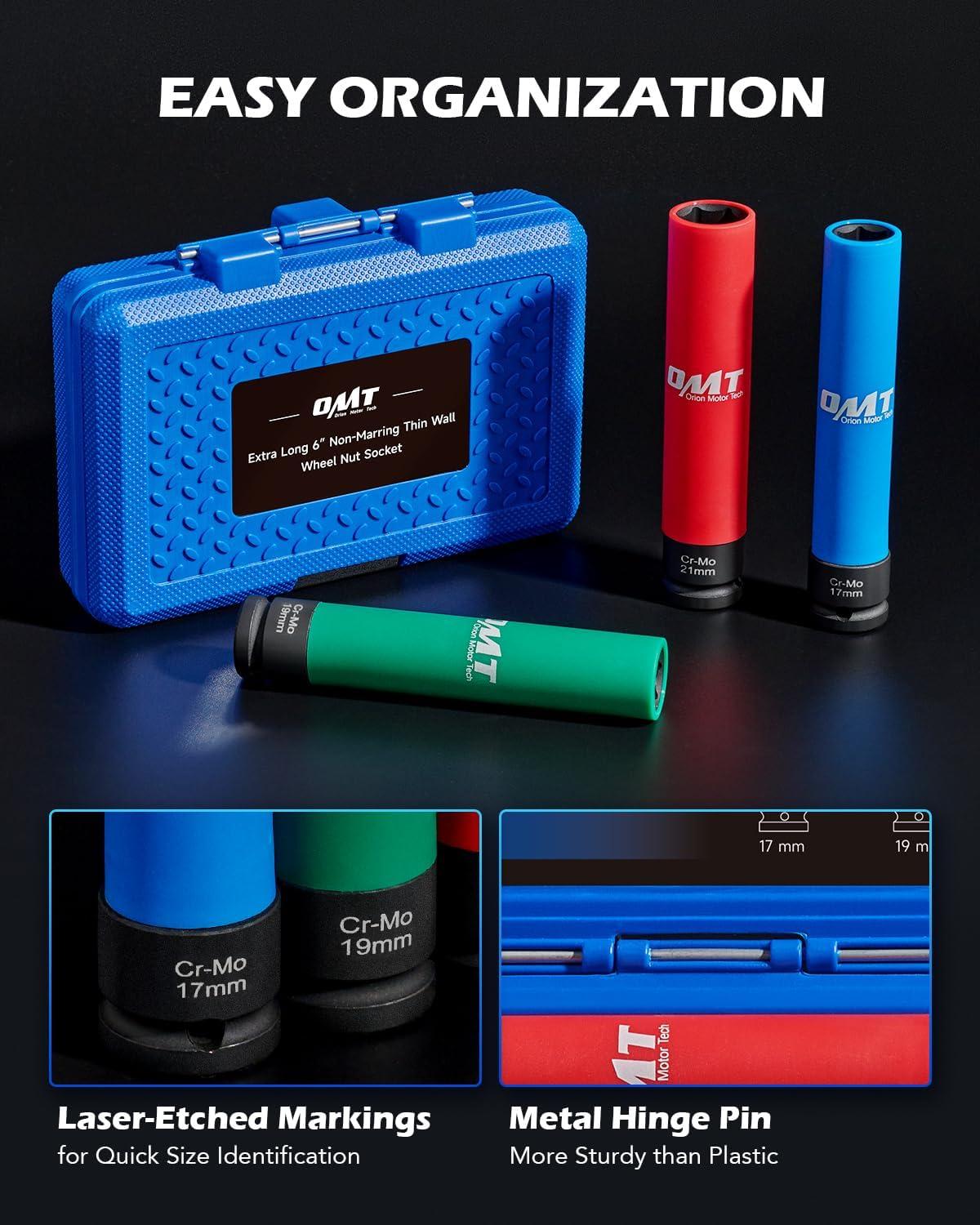 imageOrion Motor Tech Lug Nut Socket Set 3pc 12quot Drive Extra Long Impact Sockets with 17mm 19mm 21mm Metric Sockets 6quot Thin Wall Wheel Lug Nut Deep Sockets with Colored Protective Covers ampamp Carry Case