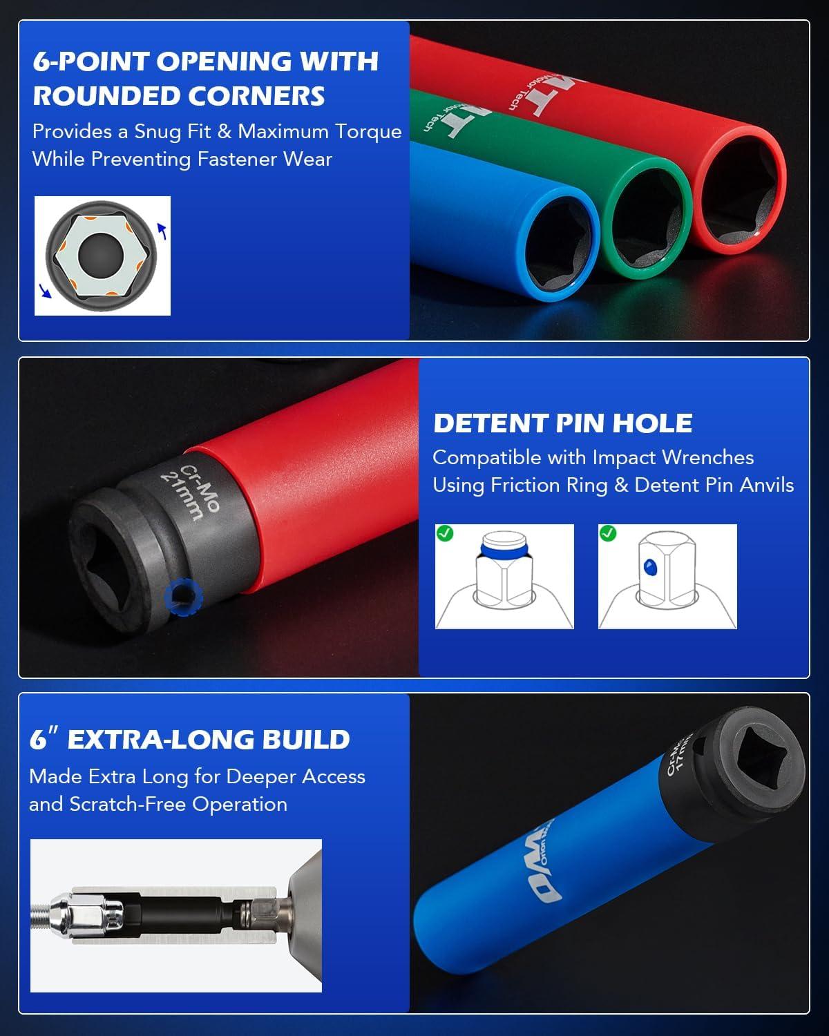 imageOrion Motor Tech Lug Nut Socket Set 3pc 12quot Drive Extra Long Impact Sockets with 17mm 19mm 21mm Metric Sockets 6quot Thin Wall Wheel Lug Nut Deep Sockets with Colored Protective Covers ampamp Carry Case