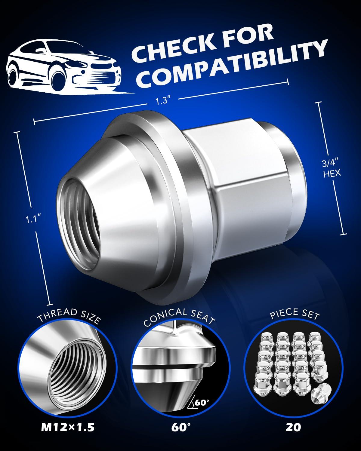imageOrion Motor Tech M12x15 Lug Nuts Cone Seat Lug Nut Set with 34 Inch Hex 12x15mm Wheel Lug Nuts Compatible with Ford Focus Fusion Escape and More 611303 CV6Z1012C OEM Style Chrome Set of 20Silver