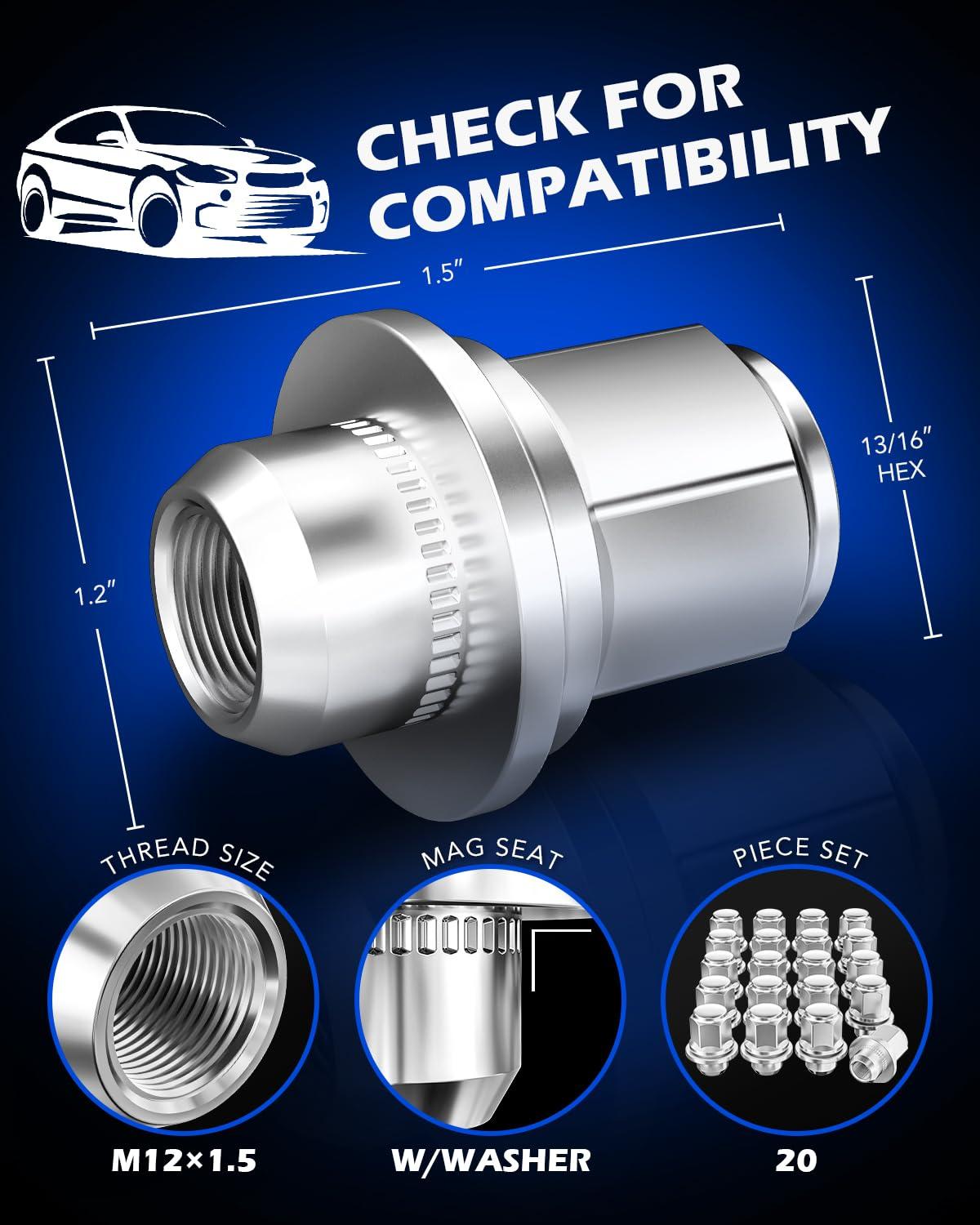 imageOrion Motor Tech M12x15 Lug Nuts Cone Seat Lug Nut Set with 34 Inch Hex 12x15mm Wheel Lug Nuts Compatible with Ford Focus Fusion Escape and More 611303 CV6Z1012C OEM Style Chrome Set of 20Silver