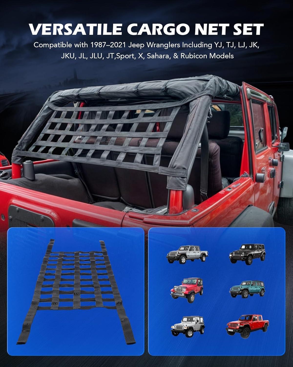 imageOrion Motor Tech Mesh Cargo Net 2 Pack Rooftop Hammock Compatible with 19872022 Jeep Wrangler YJ TJ JK JL ampamp Gladiator JT Jeep Wrangler Hammock Top Netting 4Door and 2Door2 Pack