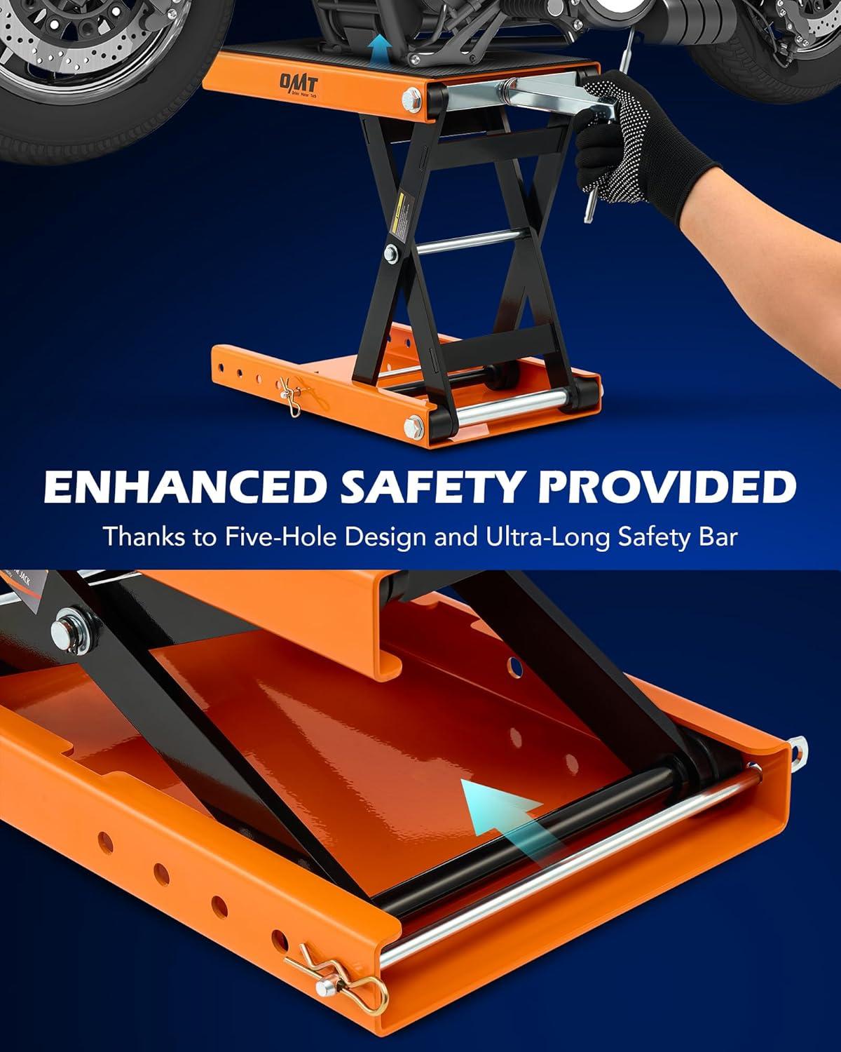 imageOrion Motor Tech Motorcycle Lift 1100lb Motorcycle Scissor Lift Jack with Wide Deck T Handle 38quot Socket Motorbike Center Stand with Chain Brush Crank Hoist Stand for ATV Dirt Bike Cruiser GrayOrange
