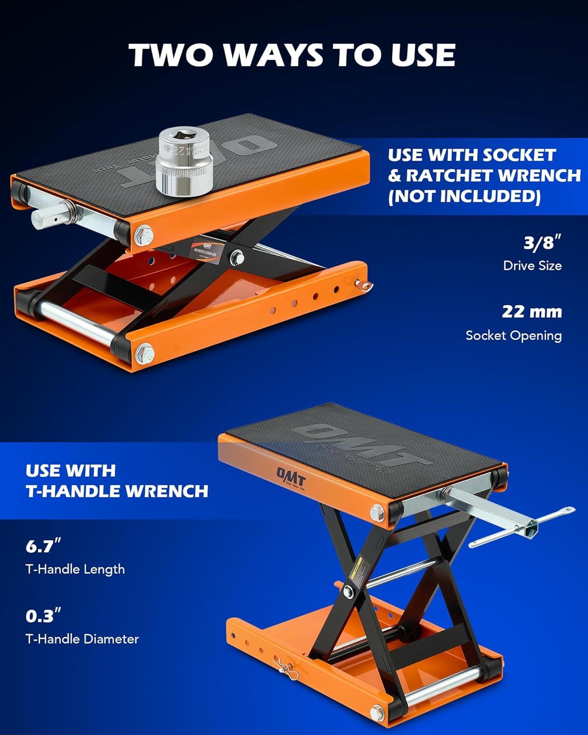 imageOrion Motor Tech Motorcycle Lift 1100lb Motorcycle Scissor Lift Jack with Wide Deck T Handle 38quot Socket Motorbike Center Stand with Chain Brush Crank Hoist Stand for ATV Dirt Bike Cruiser GrayOrange