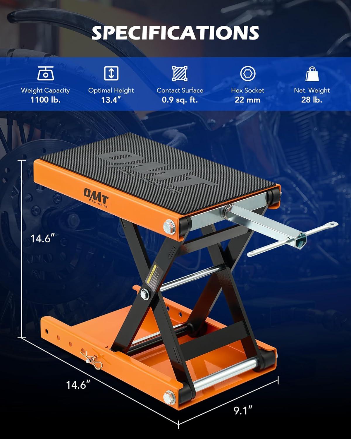 imageOrion Motor Tech Motorcycle Lift 1100lb Motorcycle Scissor Lift Jack with Wide Deck T Handle 38quot Socket Motorbike Center Stand with Chain Brush Crank Hoist Stand for ATV Dirt Bike Cruiser GrayOrange
