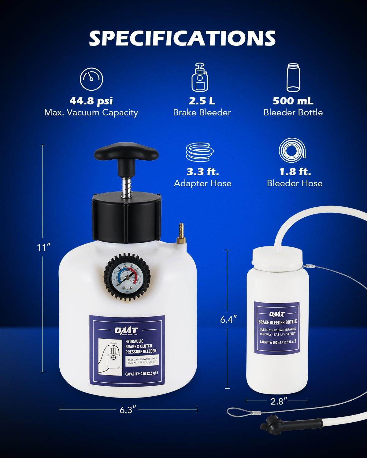 imageOrion Motor Tech Pressure Bleeder 25L Brake Pressure Bleeder with 507mm Adapter 26qt Manual Power Brake Bleeder with 500mL Brake Bleeder Bottle Compatible with Ford Subaru Nissan Infinity495mm Adapter