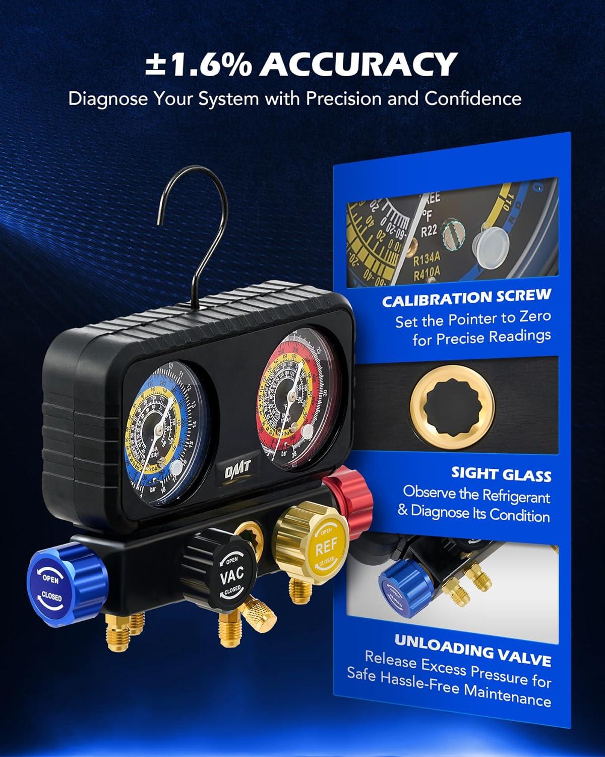 imageOrion Motor Tech R1234yf AC Gauge Set 4 Way AC Gauges W Hoses R1234yf R134a Quick Couplers Self Sealing Can Tap for Freon Charging AC Gauge Kit for R1234yf R134a R404a 4 Valve Manifold Gauge Set