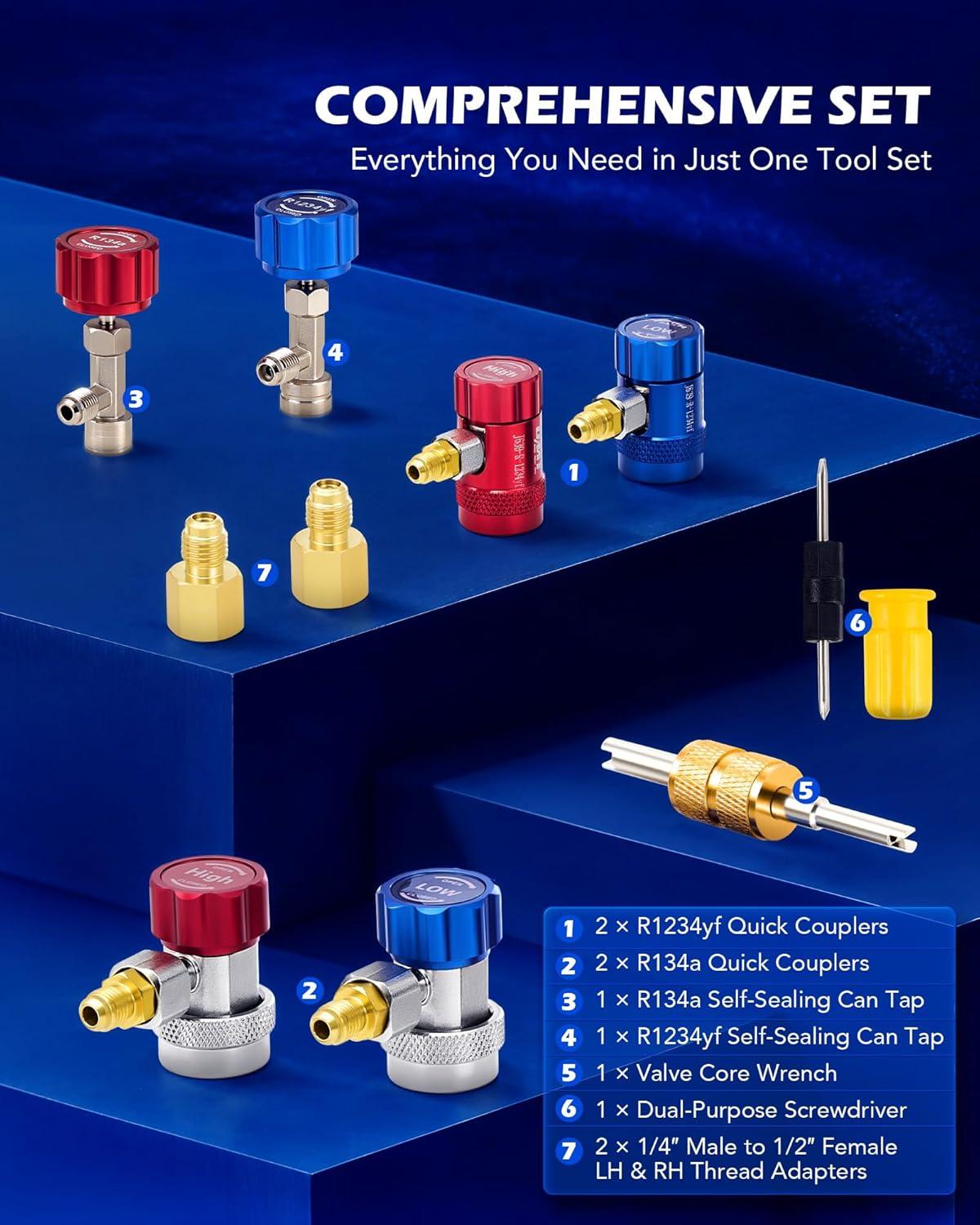 imageOrion Motor Tech R1234yf AC Gauge Set 4 Way AC Gauges W Hoses R1234yf R134a Quick Couplers Self Sealing Can Tap for Freon Charging AC Gauge Kit for R1234yf R134a R404a 4 Valve Manifold Gauge Set