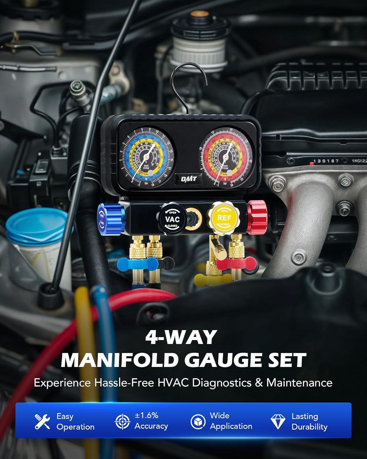 imageOrion Motor Tech R1234yf AC Gauge Set 4 Way AC Gauges W Hoses R1234yf R134a Quick Couplers Self Sealing Can Tap for Freon Charging AC Gauge Kit for R1234yf R134a R404a 4 Valve Manifold Gauge Set