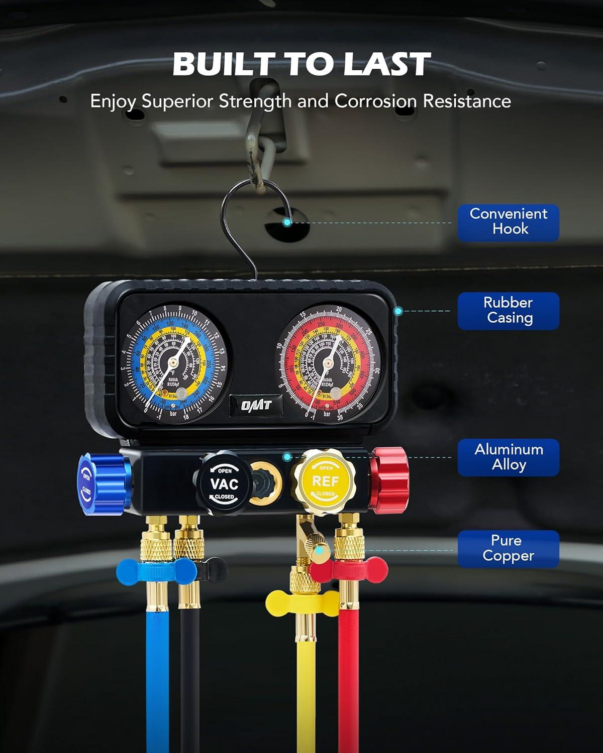 imageOrion Motor Tech R1234yf AC Gauge Set 4 Way AC Gauges W Hoses R1234yf R134a Quick Couplers Self Sealing Can Tap for Freon Charging AC Gauge Kit for R1234yf R134a R404a 4 Valve Manifold Gauge Set