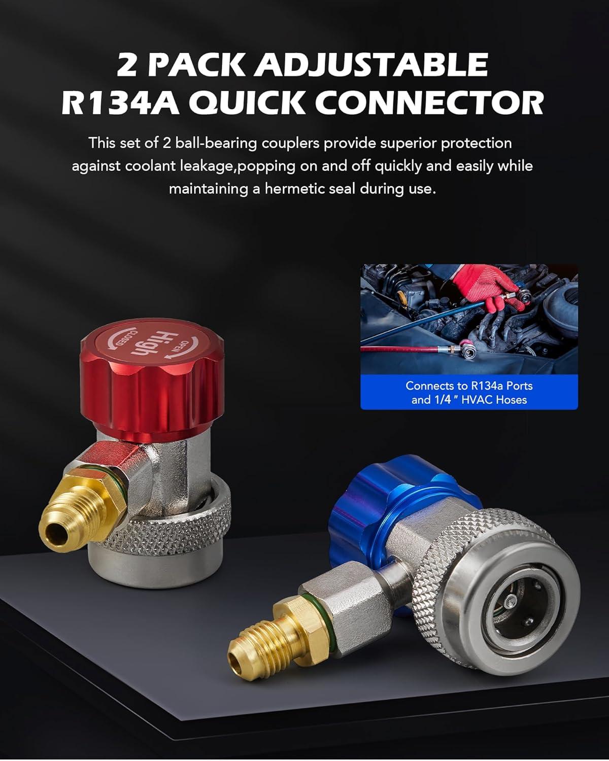 imageOrion Motor Tech R134a Quick Coupler Adapter Adjustable R134a Adapters and AC Hose Fittings HP and LP Connectors for R134a Car AC System Evacuation Recharging and More 14quot Flares Set of 2