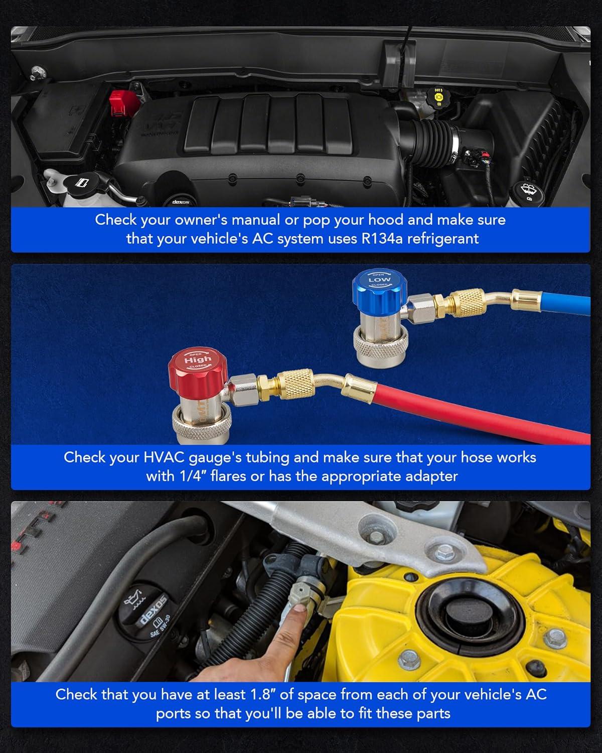 imageOrion Motor Tech R134a Quick Coupler Adapter Adjustable R134a Adapters and AC Hose Fittings HP and LP Connectors for R134a Car AC System Evacuation Recharging and More 14quot Flares Set of 2