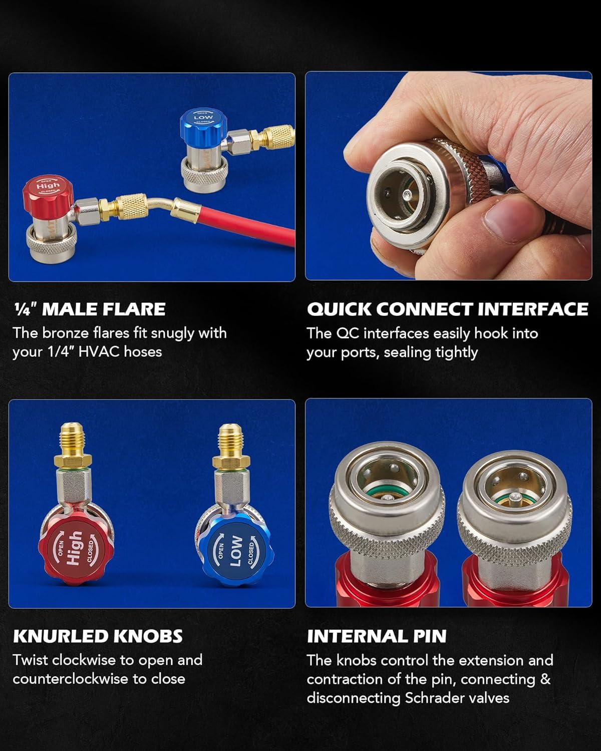 imageOrion Motor Tech R134a Quick Coupler Adapter Adjustable R134a Adapters and AC Hose Fittings HP and LP Connectors for R134a Car AC System Evacuation Recharging and More 14quot Flares Set of 2