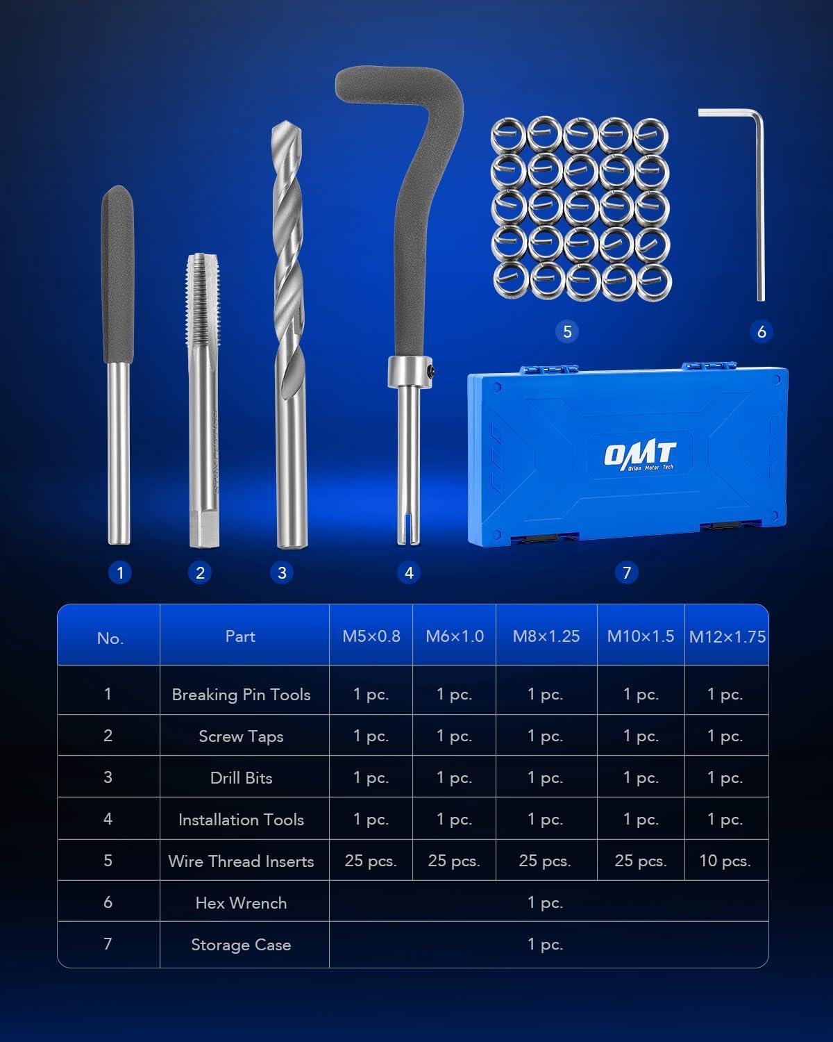 imageOrion Motor Tech Thread Repair Kit SAE and Metric Helicoil Repair Kit with HSS Drill Bits Inserts Taps Break Off Tools Rethreading Tools in 14quot 516quot 38quot 716quot 12quot ampamp M5 M6 M8 M10 M12 SizesMetric Set