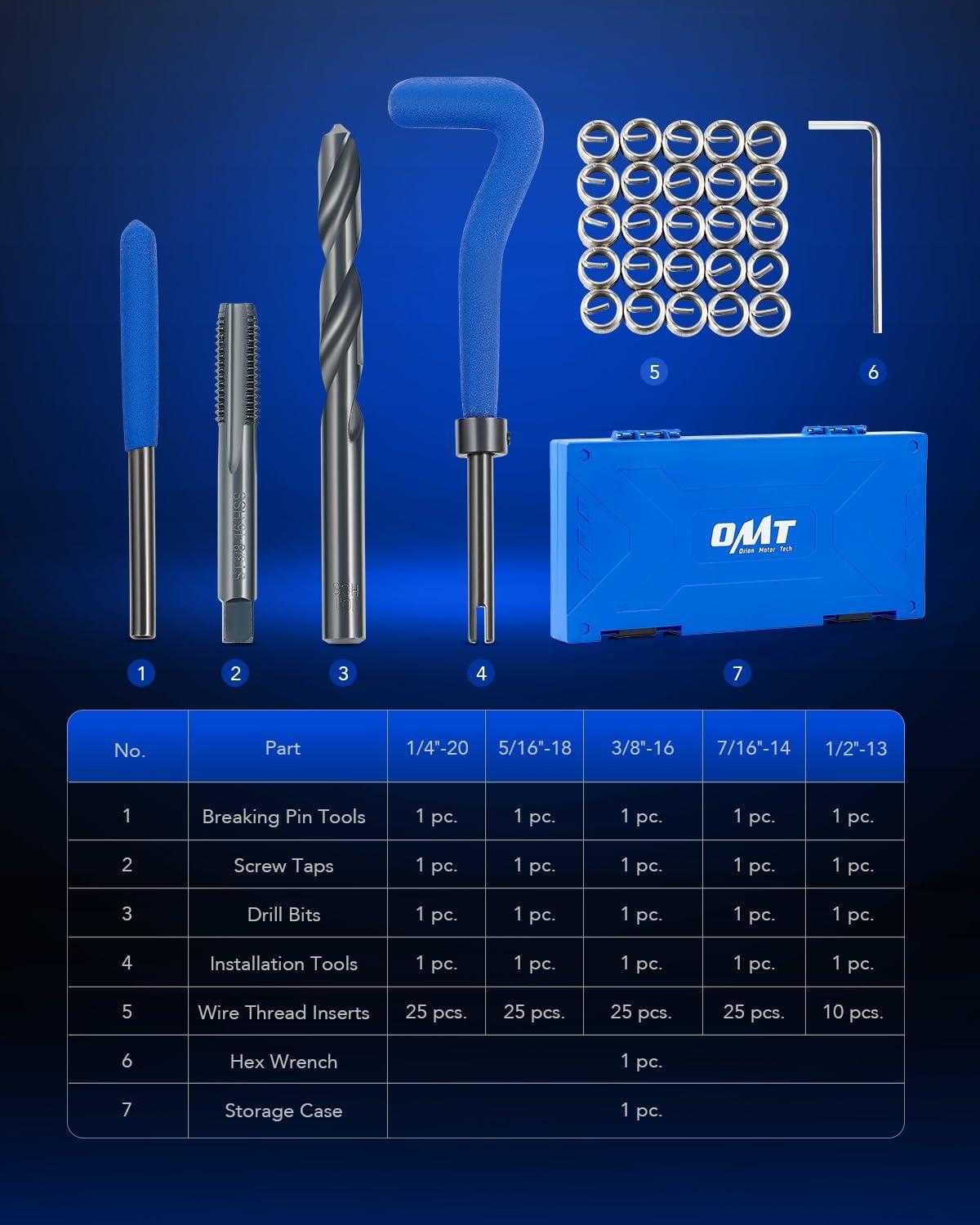 imageOrion Motor Tech Thread Repair Kit SAE and Metric Helicoil Repair Kit with HSS Drill Bits Inserts Taps Break Off Tools Rethreading Tools in 14quot 516quot 38quot 716quot 12quot ampamp M5 M6 M8 M10 M12 SizesSAE Set