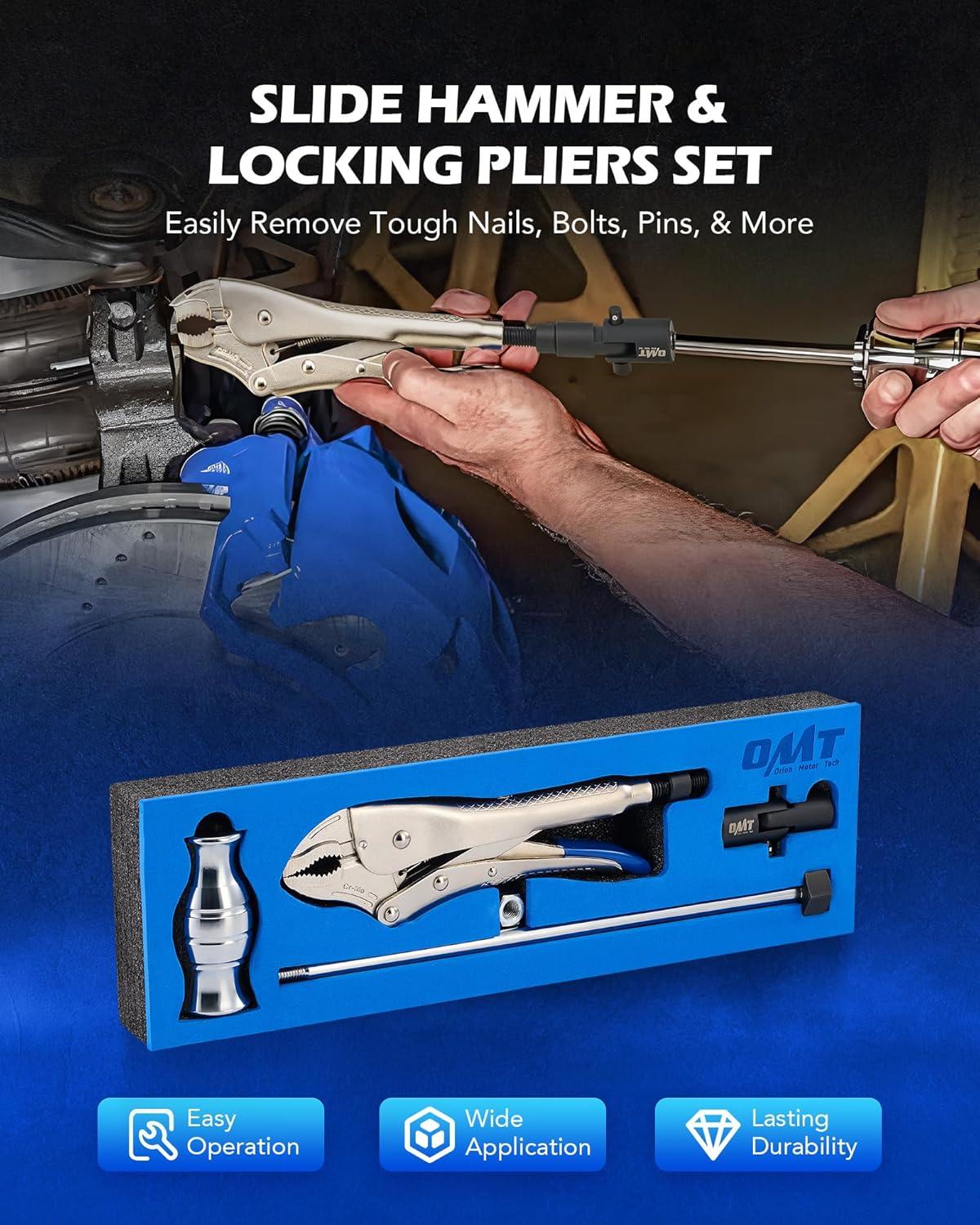 imageOrion Motor Tech Vise Grip Slide Hammer 98 in Locking Pliers 2 lb Slide Hammer with Quick Release Swivel Connector Locking Pliers Slide Hammer Set for Nail Bolt Pin Seal CV Axle Removal