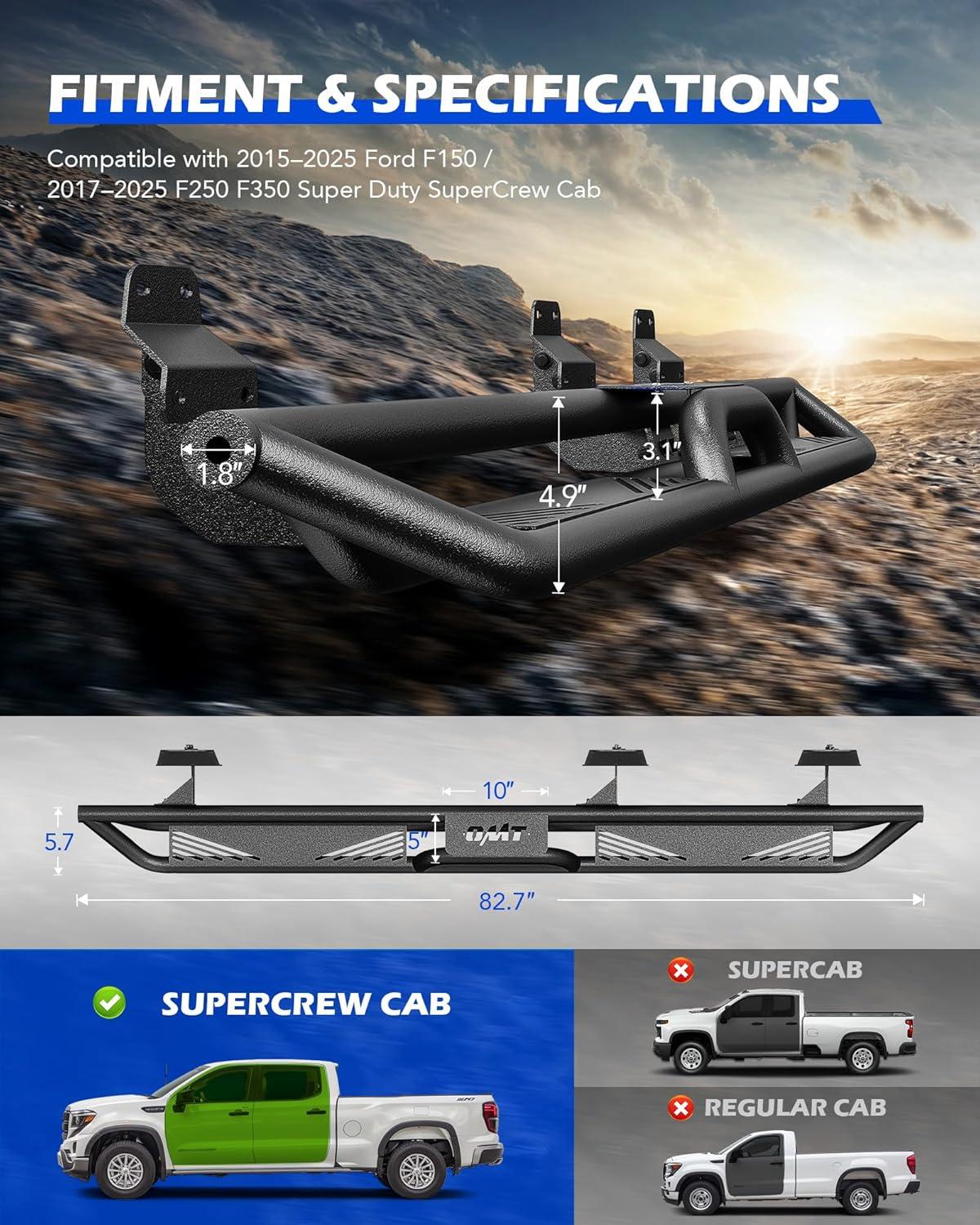 imageRunning Boards Compatible with 20152025 Ford F150 20172024 F250 F350 Super Duty SuperCrew Cab Two Stairs BoltOn Side Steps Steel with TripleShield AntiCorrosion Technology