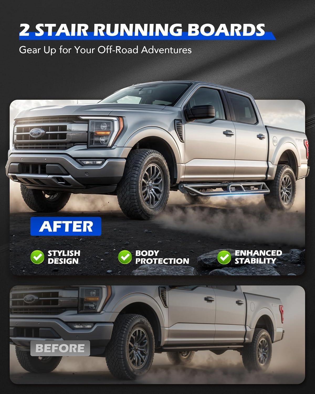 imageRunning Boards Compatible with 20152025 Ford F150 20172024 F250 F350 Super Duty SuperCrew Cab Two Stairs BoltOn Side Steps Steel with TripleShield AntiCorrosion Technology