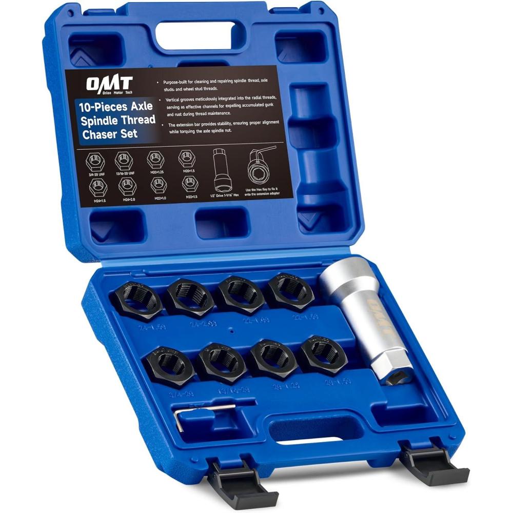 imageOrion Motor Tech 10pc Axle Spindle Threading Set Axle Thread Repair Kit with 8 Dies 1116quot Extension Bar Axle Nut Rethreader with M20 M22 M24 ampamp 1316quot 34quot UNEF Nuts Rethreading Tool Kit with Case