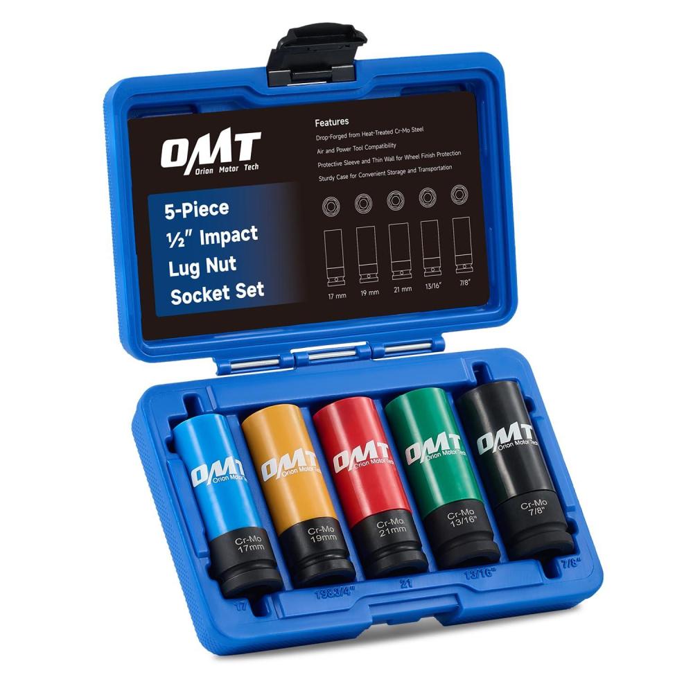 imageOrion Motor Tech 12quot Drive Lug Nut Socket Set Metric 17 19 21 mm ampamp SAE 1316 78 in Wheel Socket Set 5pc Impact Lug Nut Socket Set Thin Wall Lug Nut Sockets with Colored Protective Covers1316 in  78 in  17 mm  19 mm  21 mm