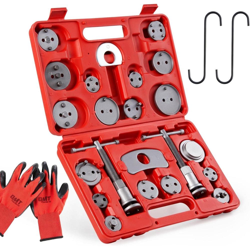 imageOrion Motor Tech 24pcs Brake Caliper Tool Heavy Duty Brake Caliper Compression Tool Caliper Piston Tool for Brake Pad Replacement Reset with Thrust Bolt Assemblies Retaining Plates 18 Disc AdaptersRed