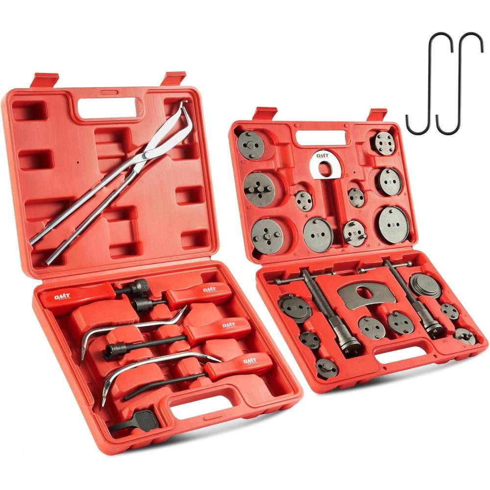 imageOrion Motor Tech 32pc Dual Brake Tools 2 in 1 Disc Brake Caliper Tool Set and Drum Brake Tool Kit Brake Caliper Tool and Brake Drum Tool with Brake Spring Tool Pliers Installer Remover AdjusterRed