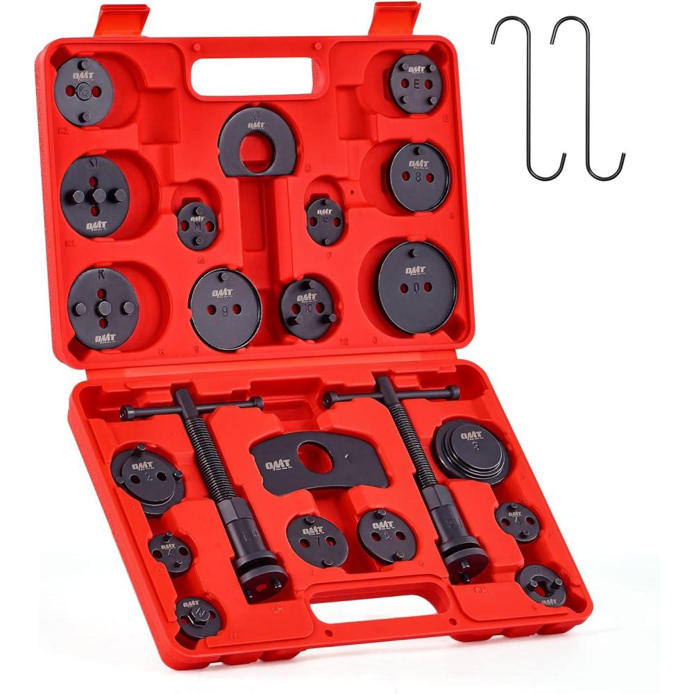 imageOrion Motor Tech 35 Piece Disc Brake Caliper Tool Kit Heavy Duty Brake Caliper Compression Tool Kit for Brake Pad Replacement Brake Piston Caliper Compressor Tool with 24 Adapters Fits Most VehiclesRed