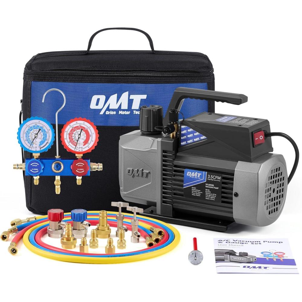 imageOrion Motor Tech A2L AC Vacuum Pump and Gauge Set for R1234yf R32 R134a R410A Systems with 35 cfm Sparkless Ignition Proof Vacuum Pump 3 Way AC Gauges Quick Couplers Can Taps Hoses Thermometer