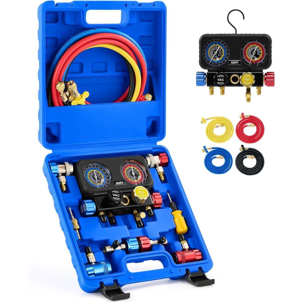 imageOrion Motor Tech AC Gauges 4 Way Manifold Gauge Set for R1234yf R134a R404a Refrigerant Automotive Gauge Set with Hoses Quick Couplers Self Sealing Can Taps for Car Freon Charging ampamp Evacuation